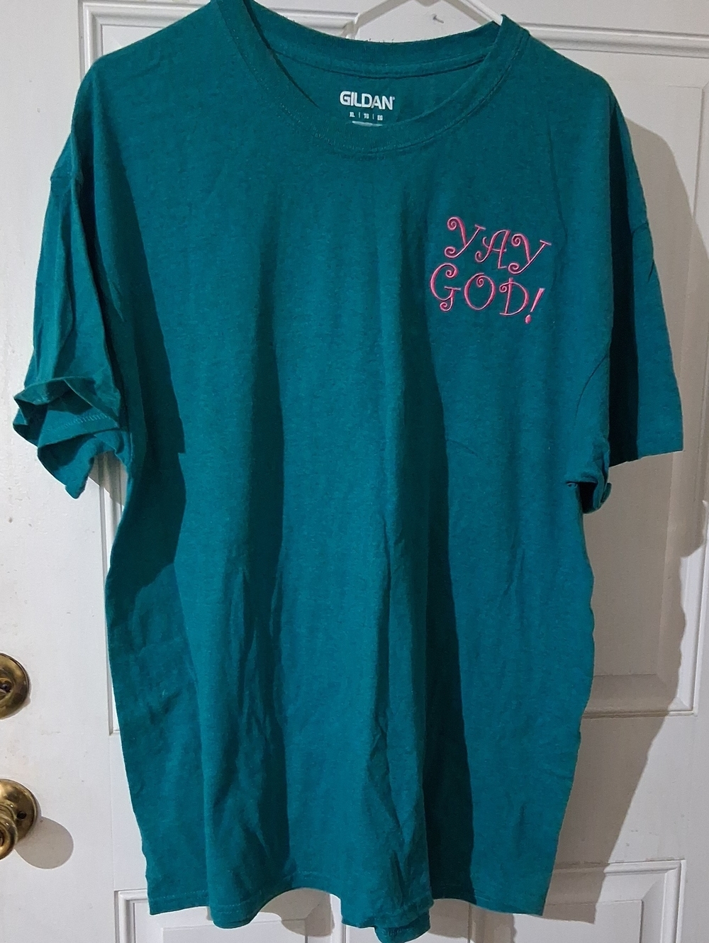 Gildan Teal Short-Sleeve Tee with Pink "YAY GOD!" Chest Graphic